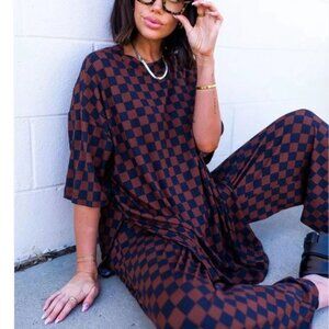 Dressed in LaLa Ribbed Checkered Playsuit, Set, Two Piece - XL